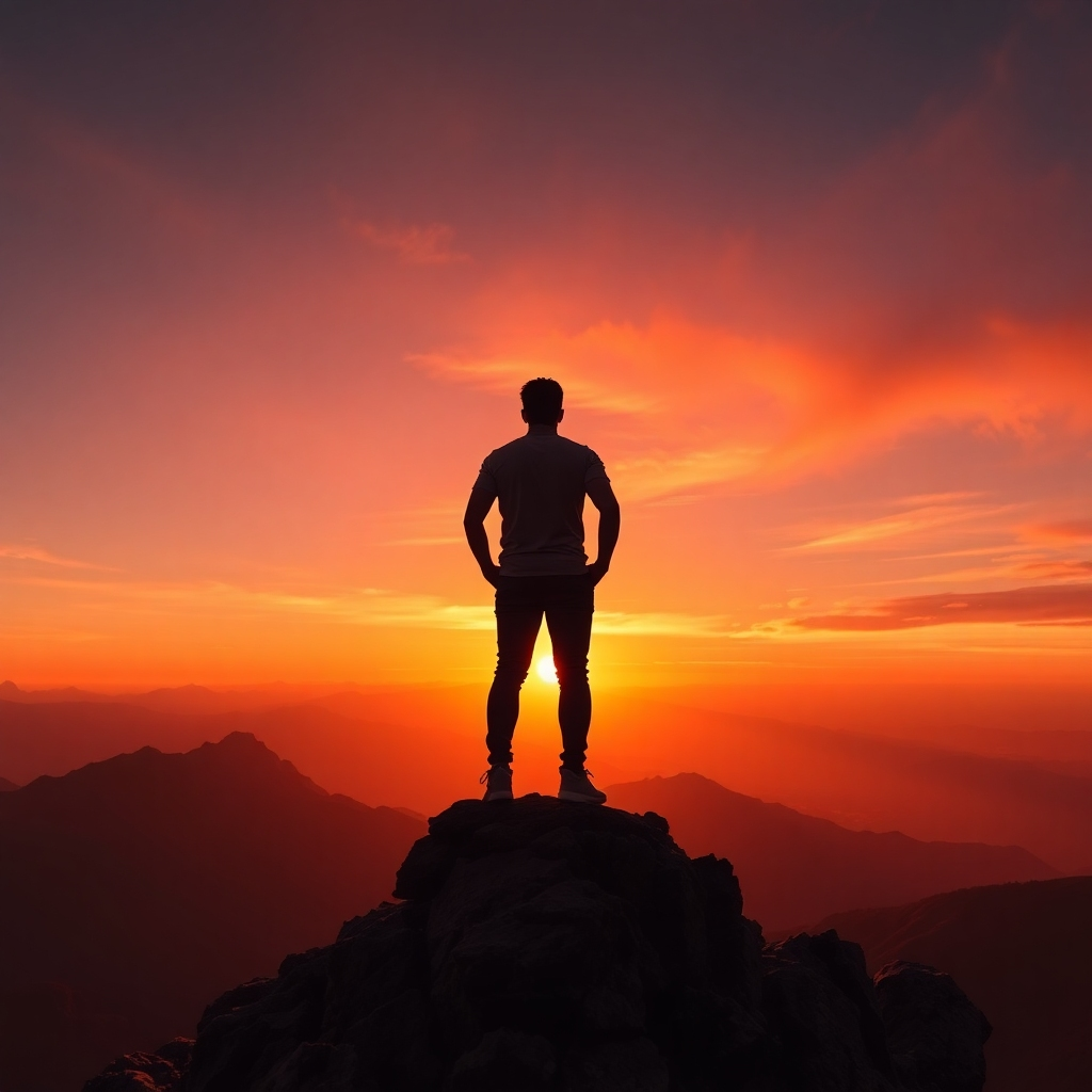 Generate a photorealistic image of a person standing tall on a mountaintop, silhouetted against a vibrant sunrise. Their posture exudes confidence and strength. The surrounding landscape is majestic and awe-inspiring. The color palette is dominated by warm oranges, pinks, and golds. Camera angle: low angle, emphasizing the person's height and dominance. Style reference: inspirational landscape photography with a focus on empowerment.