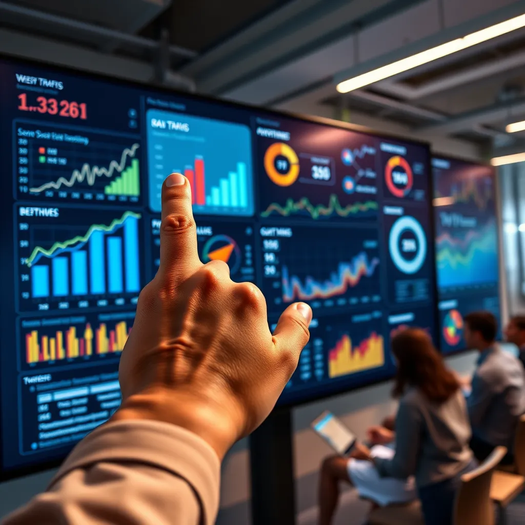A close-up shot of a hand pointing at a large interactive screen displaying a complex data visualization. The screen shows various charts, graphs, and dashboards representing website traffic, social media engagement, and customer behavior. The background should be a modern office setting with team members collaborating around the screen.