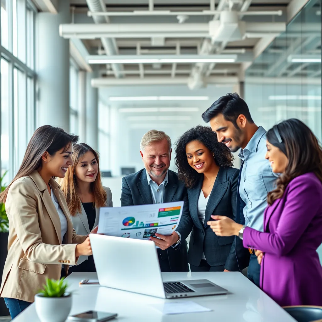 A group of diverse individuals, dressed professionally, working together on a digital marketing project in a bright and modern office. The scene should emphasize collaboration, expertise, and a positive work environment.