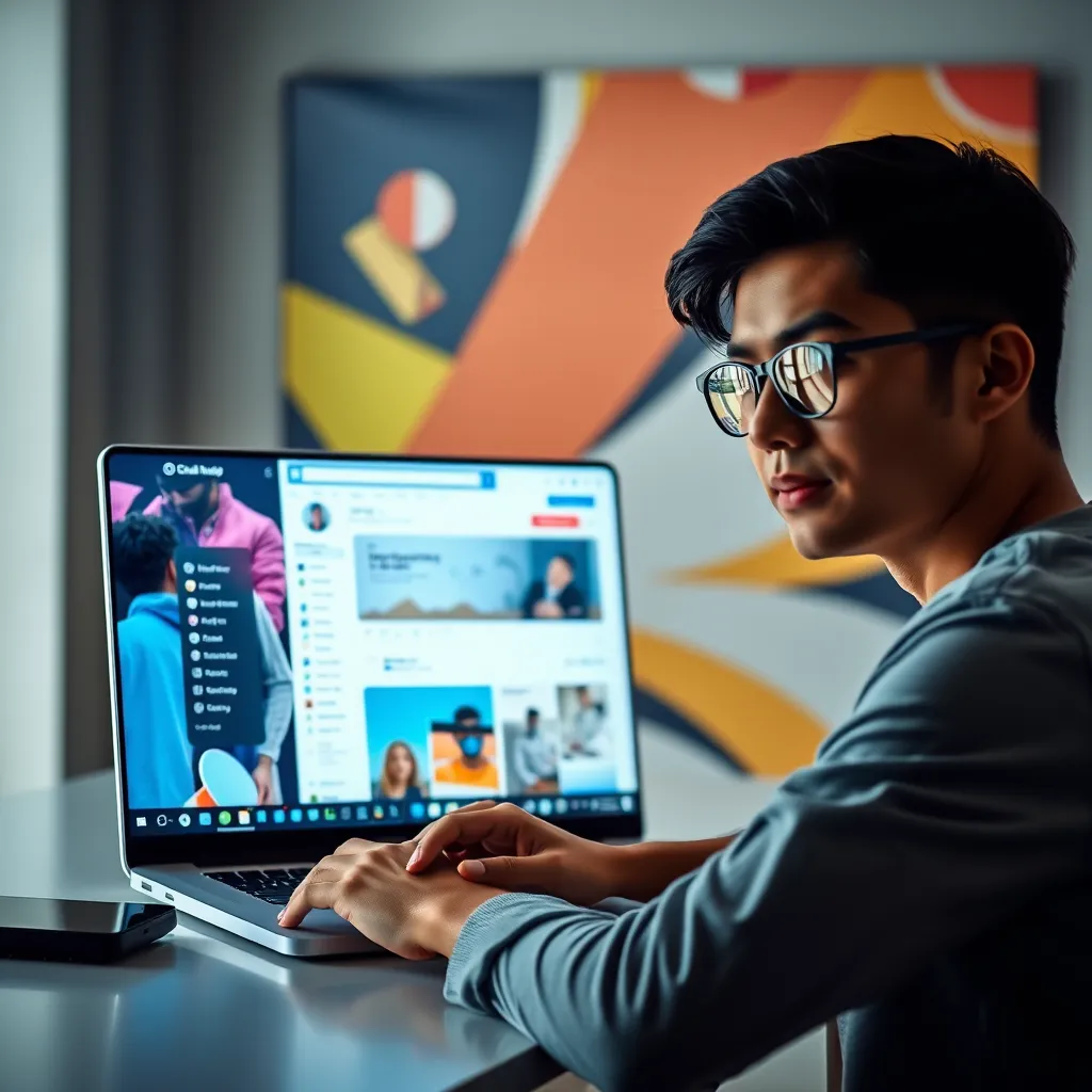 A modern, minimalist workspace featuring a laptop screen displaying a social media dashboard with a captivating visual campaign. The screen is illuminated with a soft glow, reflecting in the eyes of a young, confident professional who is actively engaging with the content. The background features a vibrant, abstract design with bold colors and geometric shapes, representing the dynamic nature of social media. The image should convey a sense of creativity, collaboration, and digital innovation.