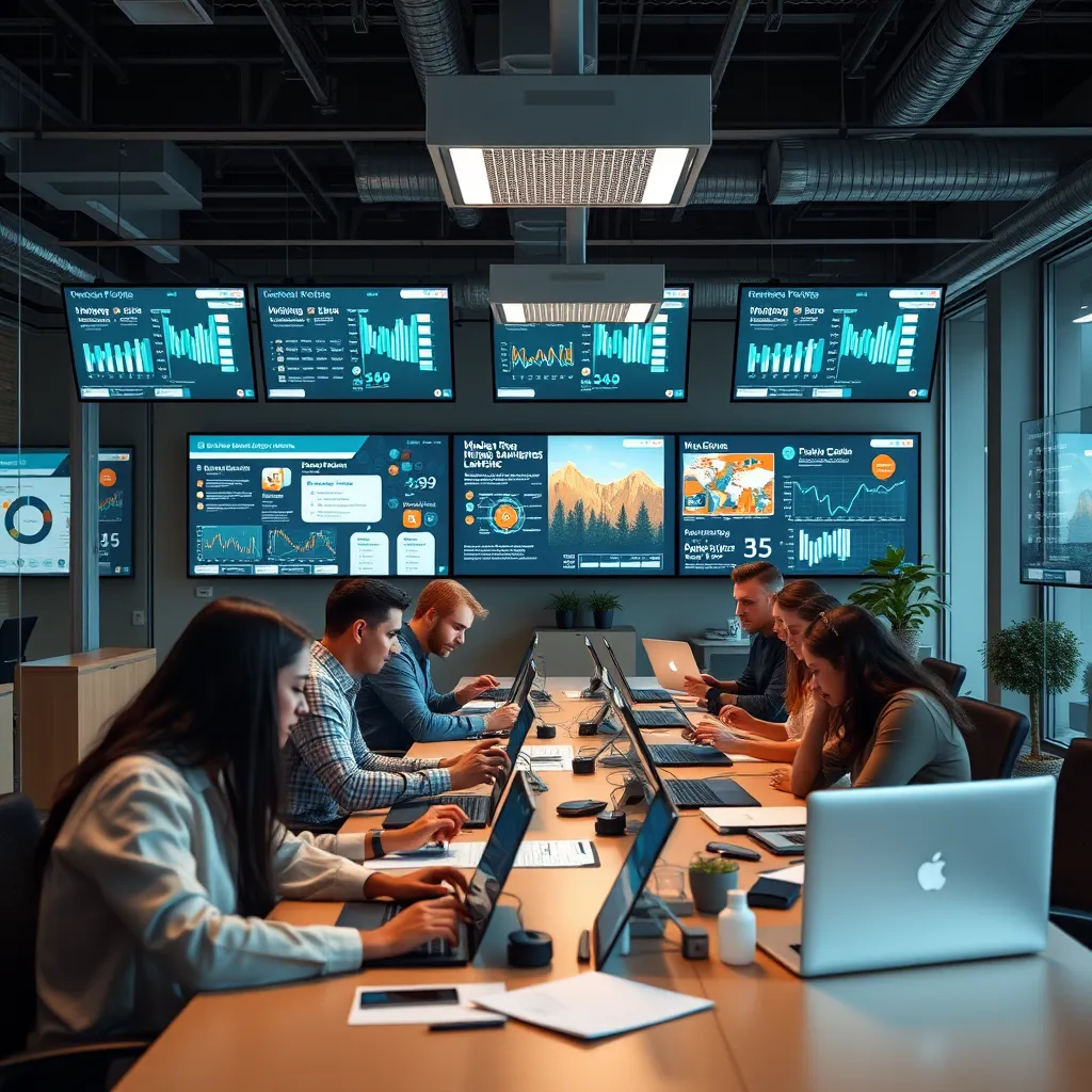 A modern office space with a team of diverse professionals working collaboratively on laptops and tablets, surrounded by digital screens displaying various marketing data and graphics. The scene should convey a sense of innovation and expertise.
