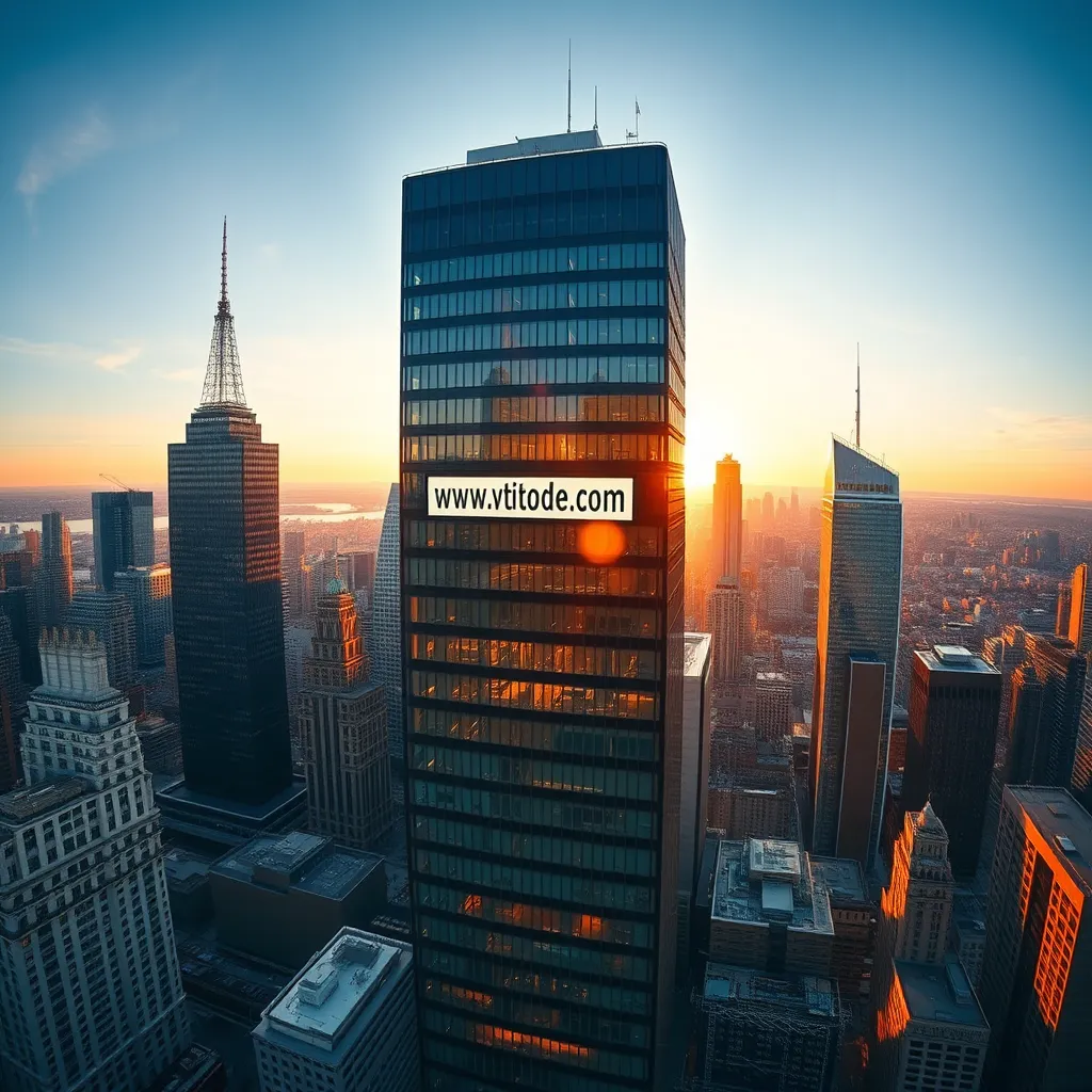 A panoramic view of a cityscape with skyscrapers towering above, highlighting a building with a website address displayed prominently on its facade. The scene is lit by the warm glow of the setting sun, casting long shadows across the city. The image is rendered in a photorealistic style with high detail and a sense of depth, emphasizing the vast reach and potential of online visibility through SEO.