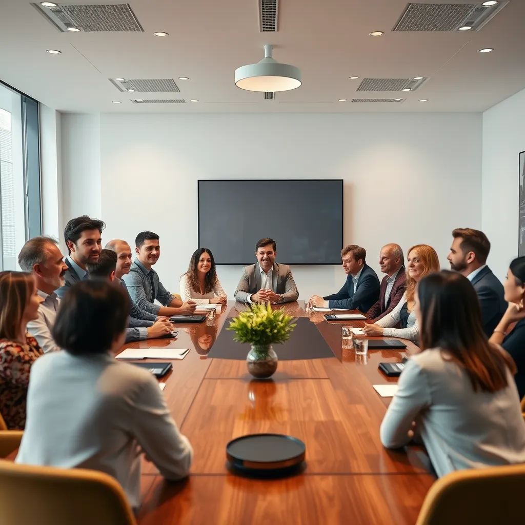 A professional meeting room with a diverse group of people, representing both client and Best Son Media team members. The room is filled with positive energy, collaborative discussion, and active engagement, showcasing a transparent and communicative client-focused approach.