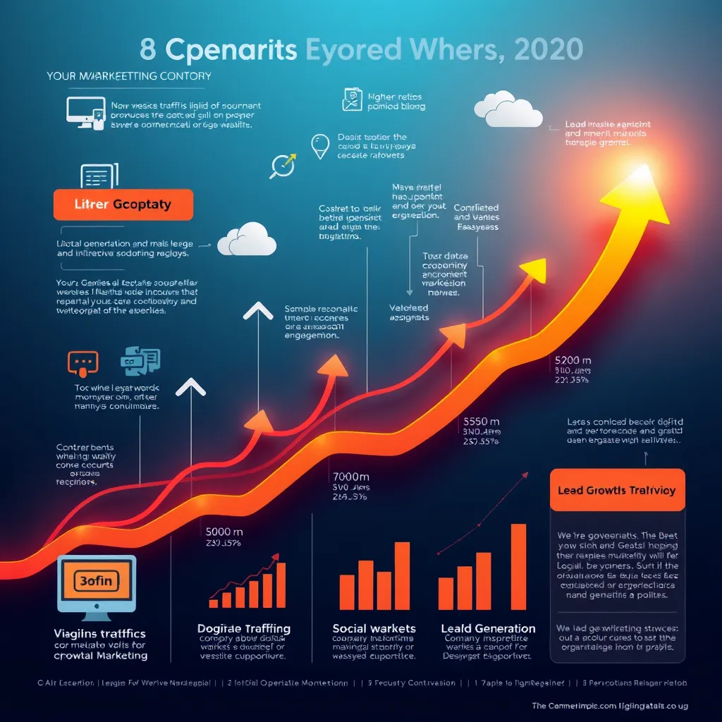 A vibrant infographic showcasing a company's growth trajectory over time, with arrows pointing upwards and various digital marketing elements like website traffic, social media engagement, and lead generation incorporated. The image should exude a sense of success and upward momentum.