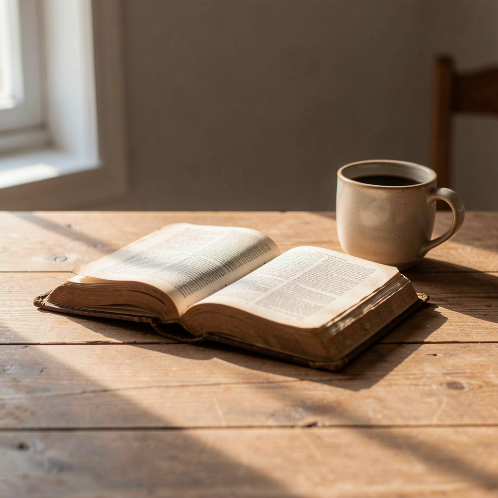 Open Bible on wooden table