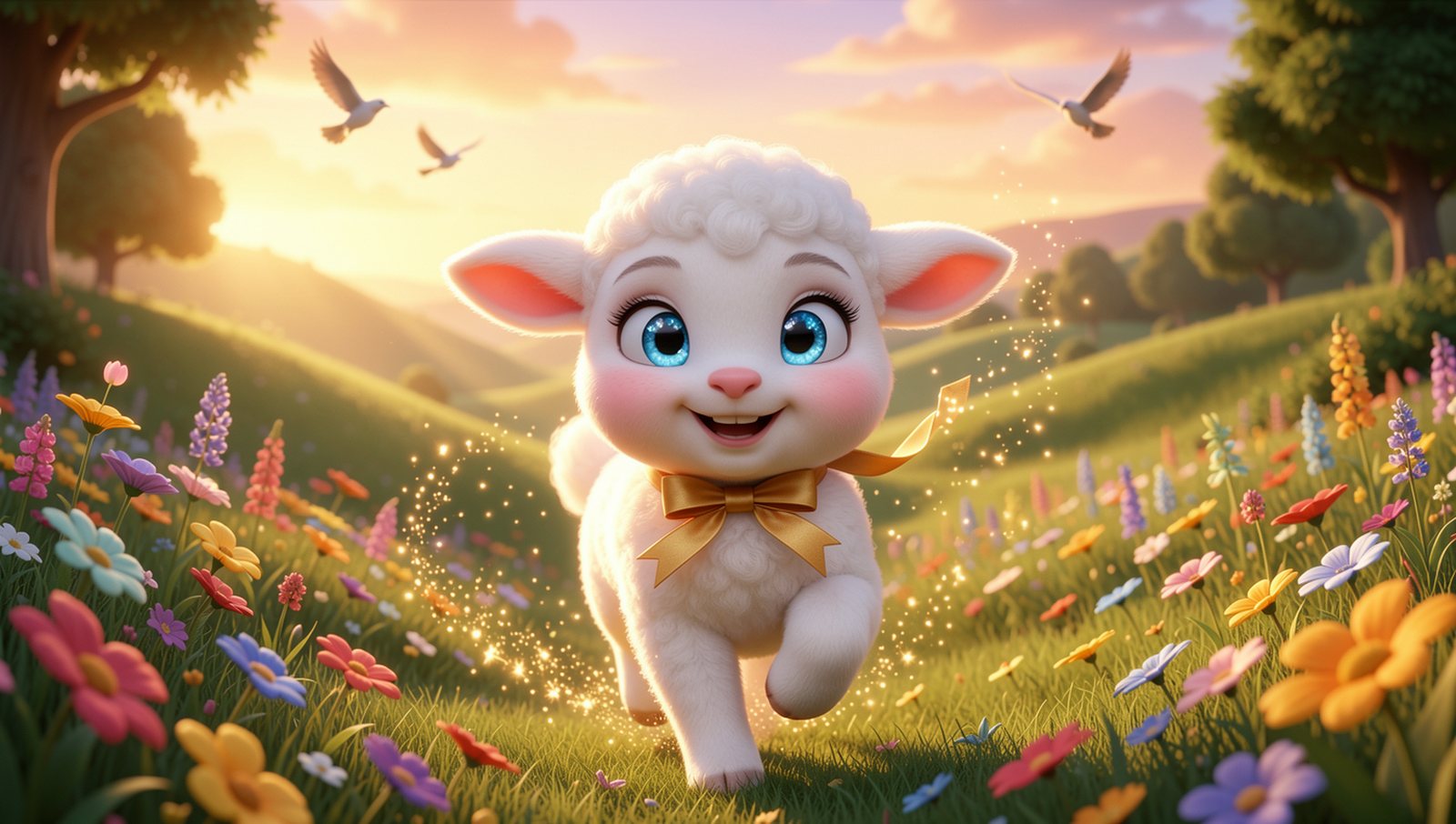 Lilly the Lamb running through a flower meadow