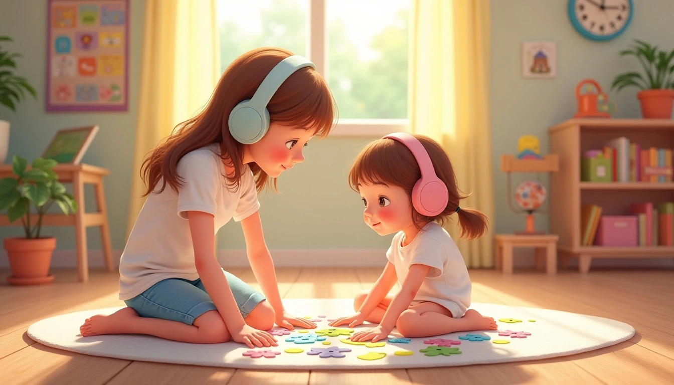 Children and a youth volunteer wearing noise-canceling headphones engaging happily in an inclusive Sunday school classroom
