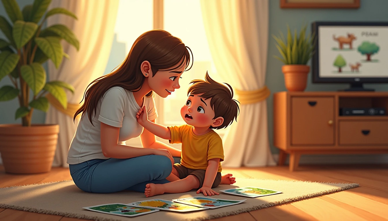Mother and child with special needs reading an illustrated Bible together in warm morning sunlight