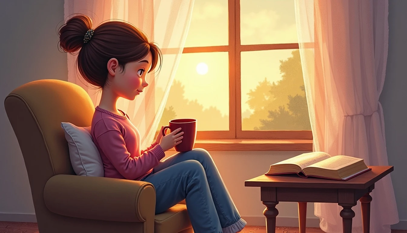 Mother resting in an armchair with a warm mug and open Bible during quiet morning sunrise