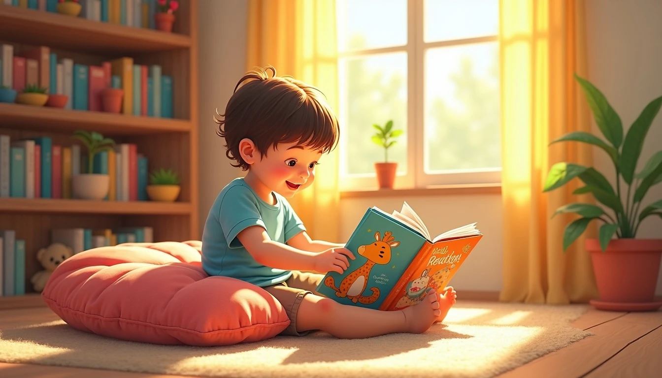 Toddler exploring a colorful Christian picture book on a soft bedroom rug with playful wooden toys