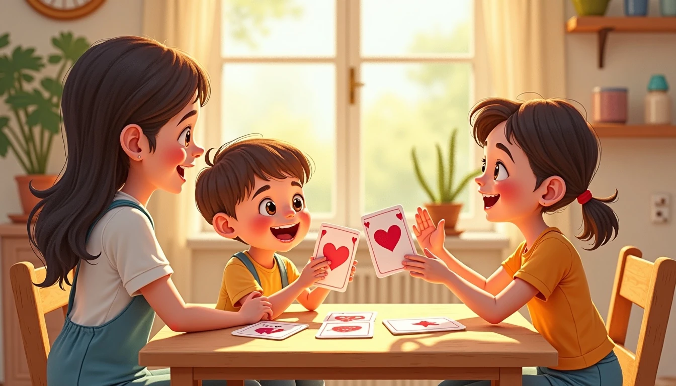 Brother and sister practicing Scripture memory with colorful illustrated verse flashcards at a sunny table