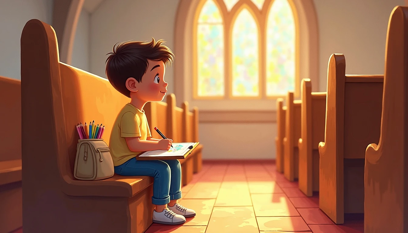 Young girl quietly coloring a Scripture coloring page in a warm wooden church pew during service