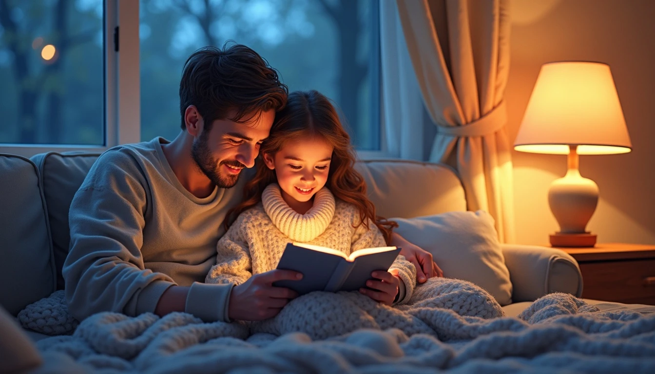 Parent and child watching a gentle faith read-aloud video together on a tablet in a cozy reading corner