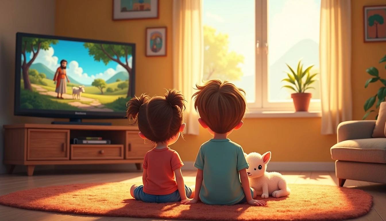 Child engrossed in a wholesome Bible animation video on a tablet during quiet afternoon family time