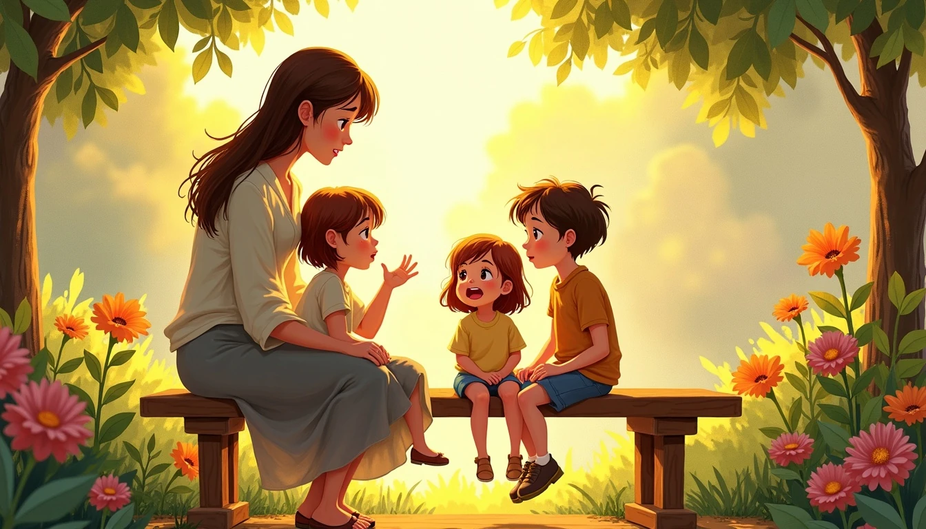 Father and young children gathered on a living room sofa discussing a character-building story video