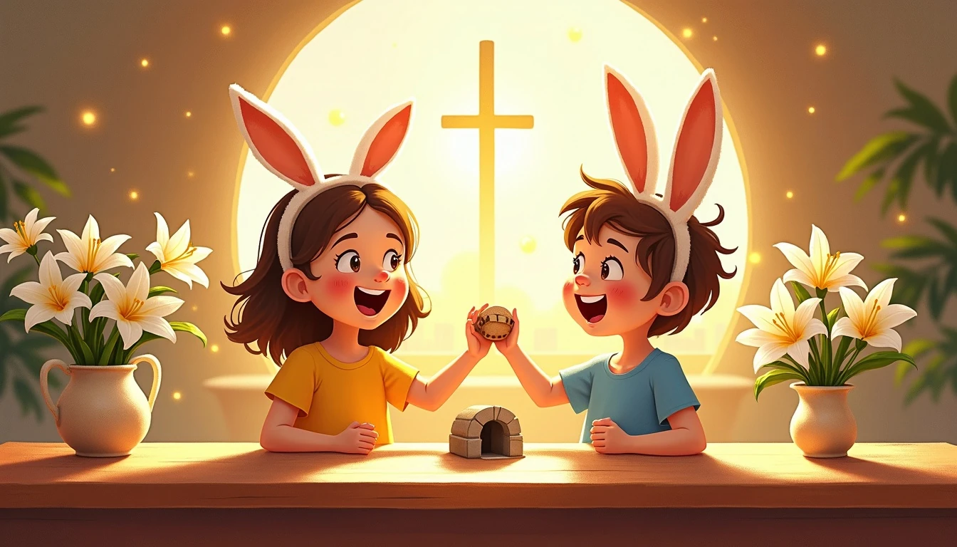 Joyful children celebrating Resurrection Sunday with a miniature stone empty tomb craft and white Easter lilies