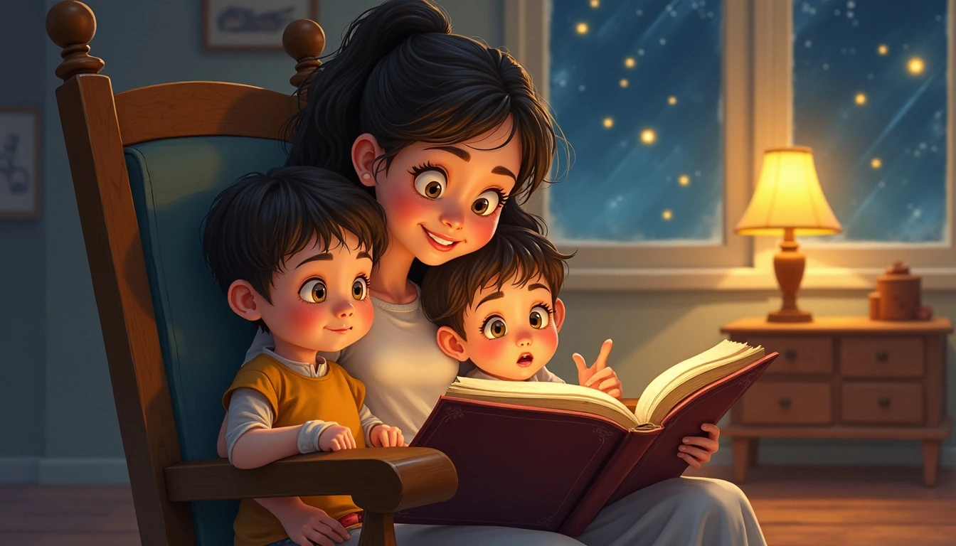 Mother reading a storybook aloud to her preschooler in a sunlit armchair surrounded by bookshelves