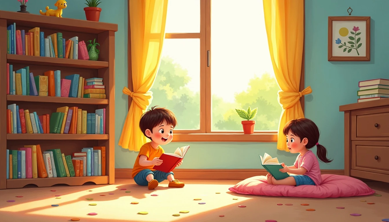 Two young children happily reading illustrated books in a bright playroom with a colorful bookshelf
