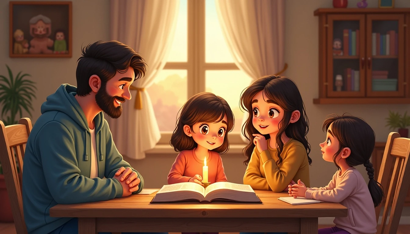 Family gathered around the living room table with an open Bible and soft evening lamp light