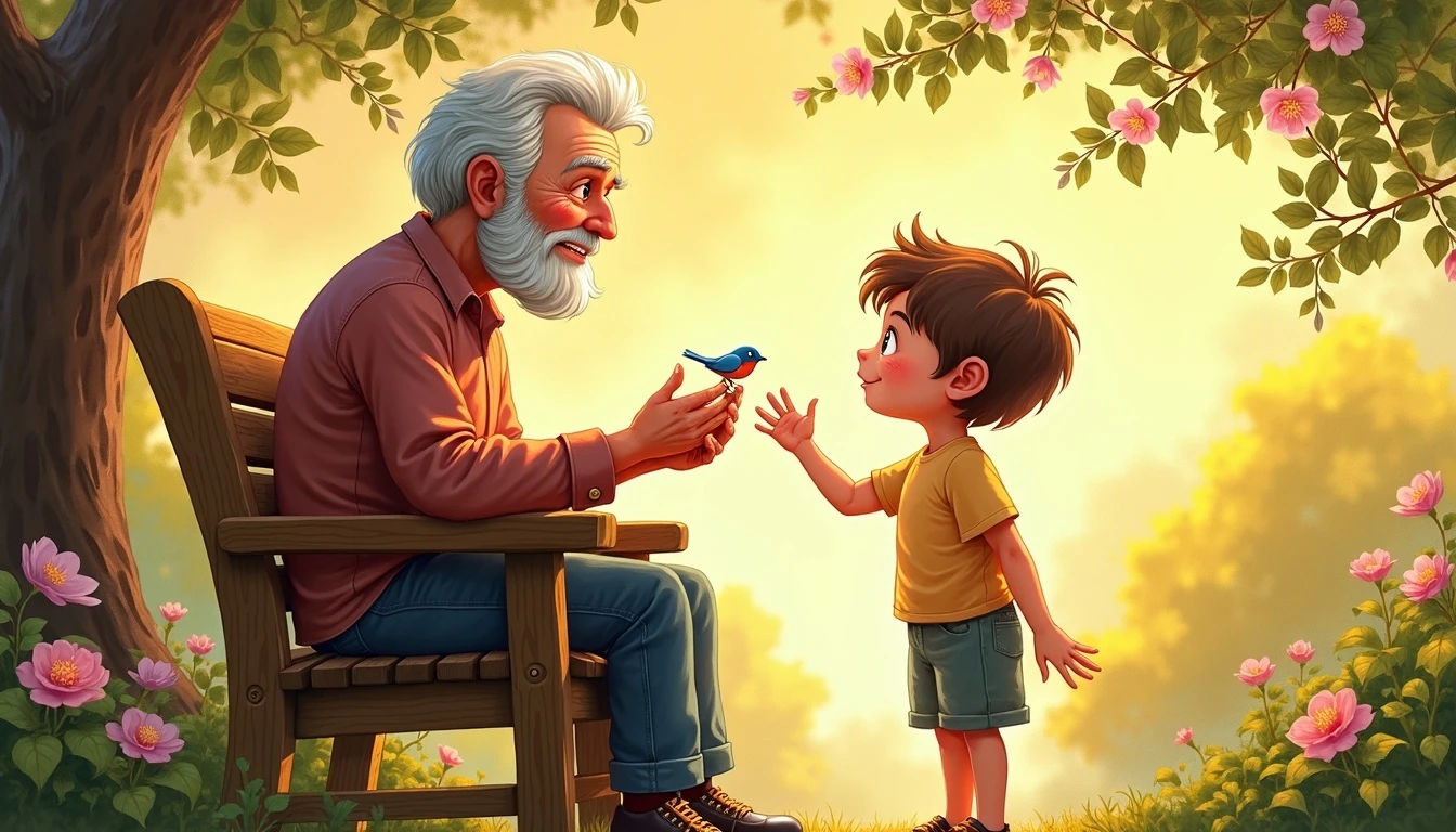 Grandfather with his grandson sharing Bible stories outdoors in a sunny flower garden