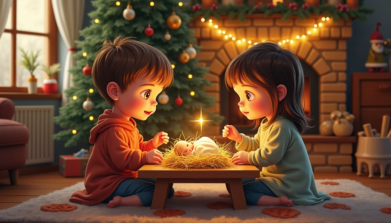 Children placing baby Jesus into a handcrafted wooden nativity manger under warm Christmas lights