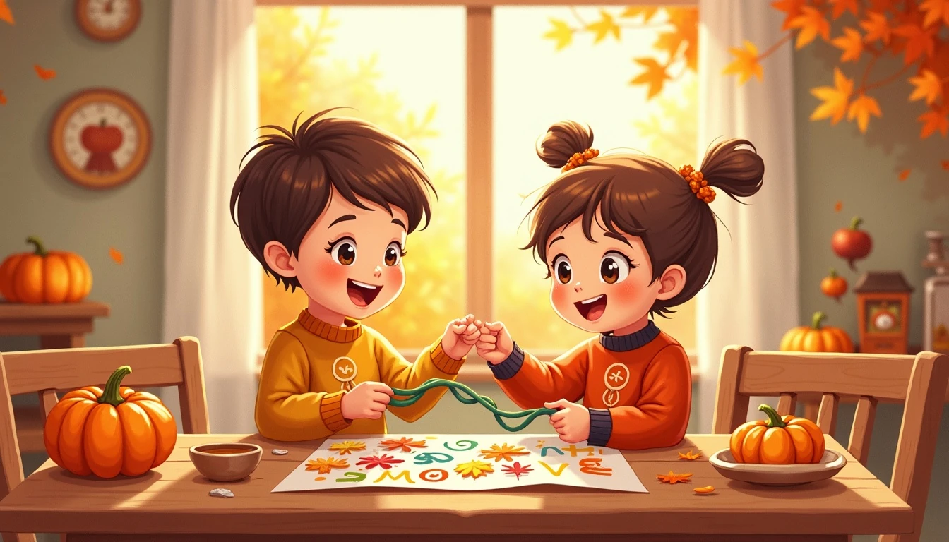 Children making a gratitude paper chain craft at a wooden table decorated with autumn leaves