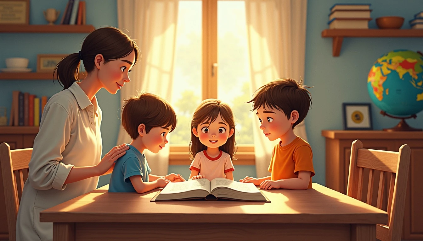 Homeschooling family beginning their morning lessons with an open family Bible and notebooks