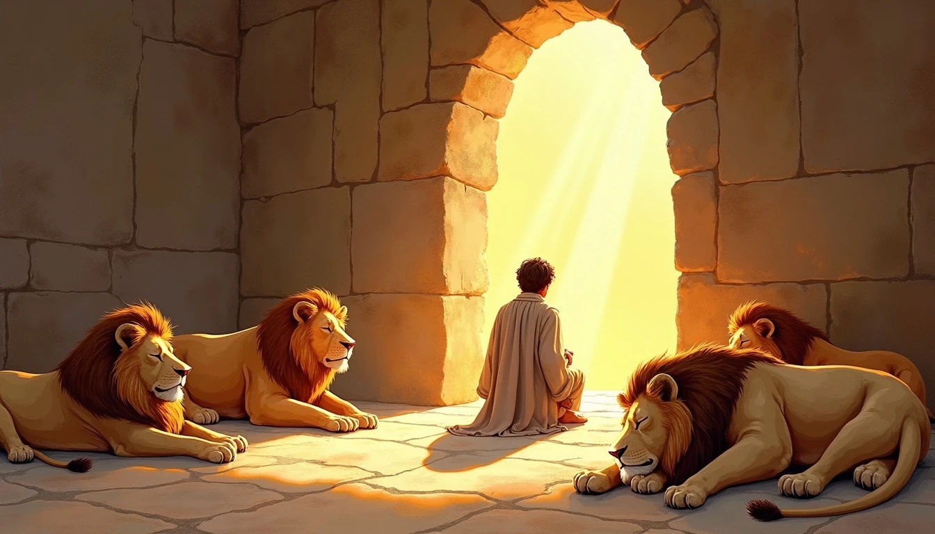 Prophet Daniel praying with calm faith in an ancient stone chamber surrounded by peaceful sleeping lions