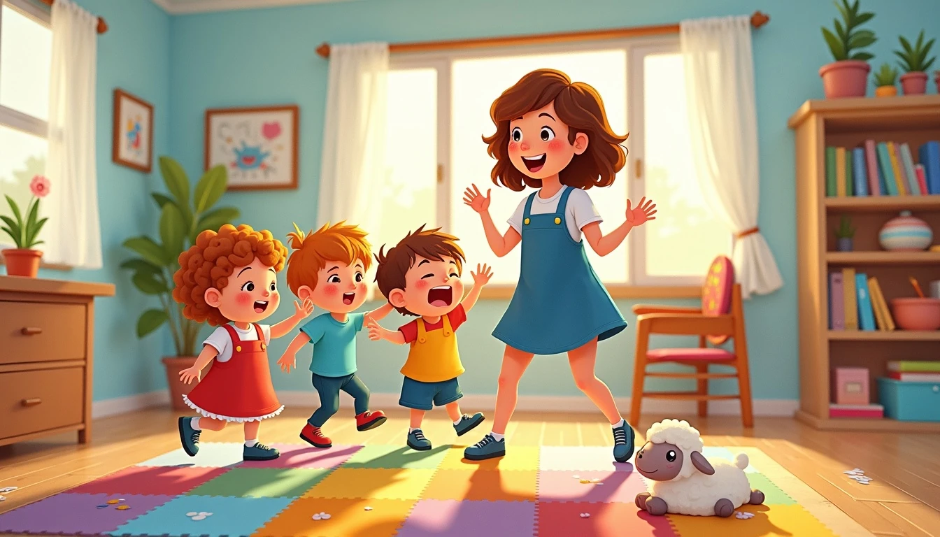 Teacher leading engaged preschoolers in a joyful action rhyme with colorful visual props