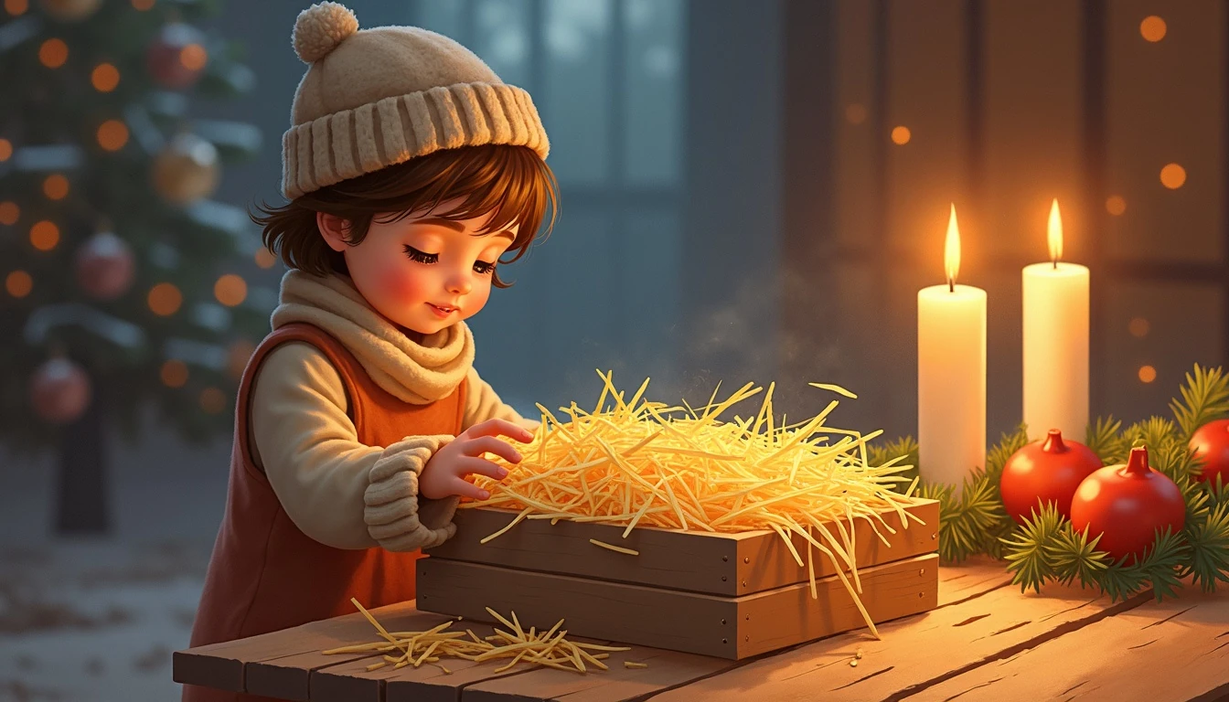 Toddler in a winter knit hat gently touching straw in a wooden manger beside Advent candles