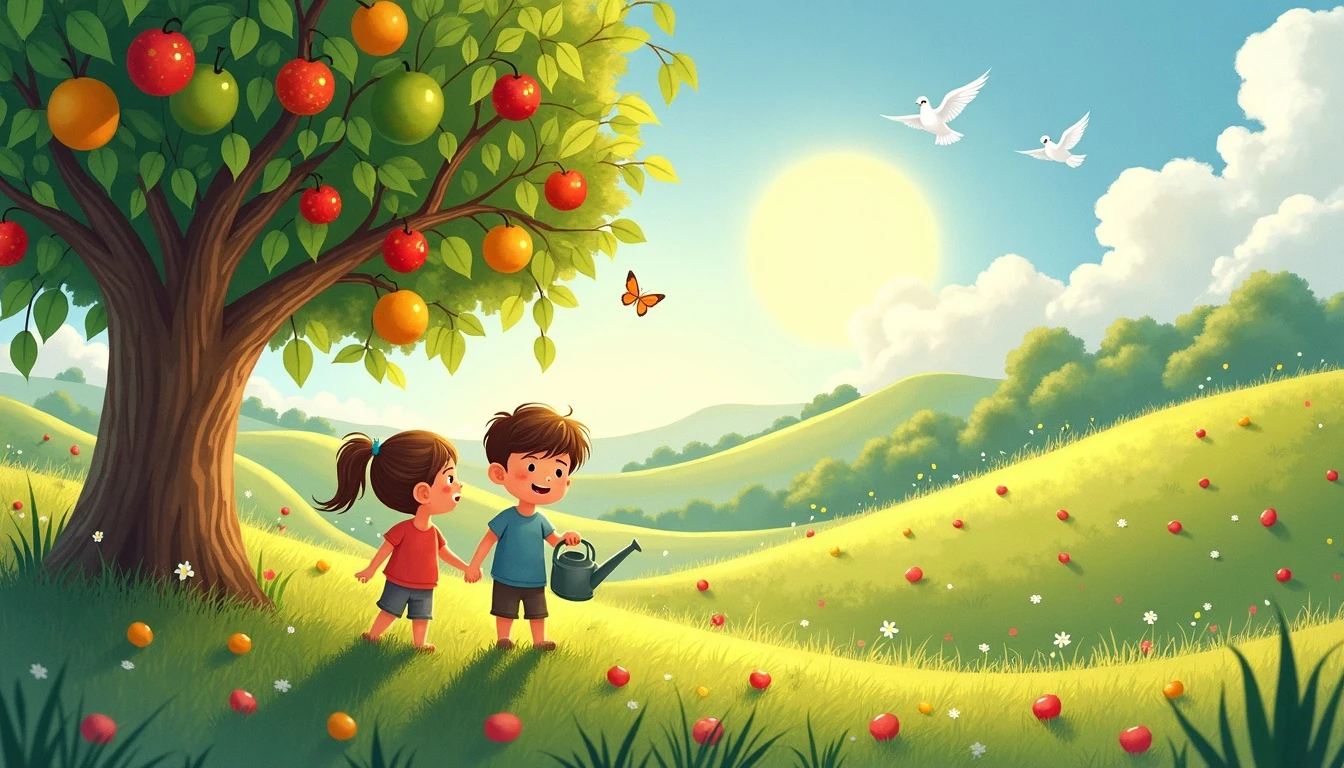 Children picking fresh fruit in a sunny orchard illustrating love, joy, and peace