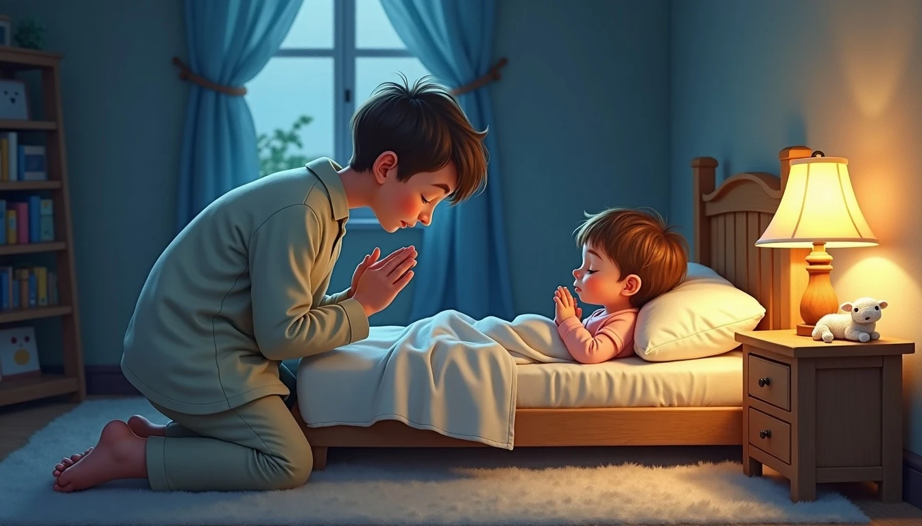 Loving parent kneeling beside a low toddler bed, praying together with folded hands under soft warm bedtime lamplight