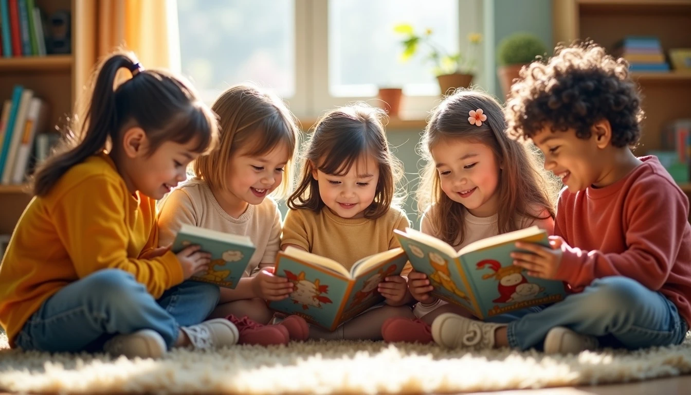 Children of diverse backgrounds sitting together on a soft rug in a sunlit classroom, smiling and reading picture books together.