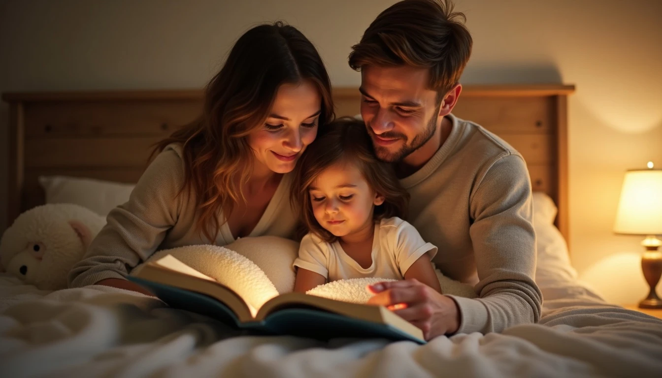 A father and mother lying cozily in bed with their young daughter, reading an open bedtime storybook illuminated by warm lamp light.