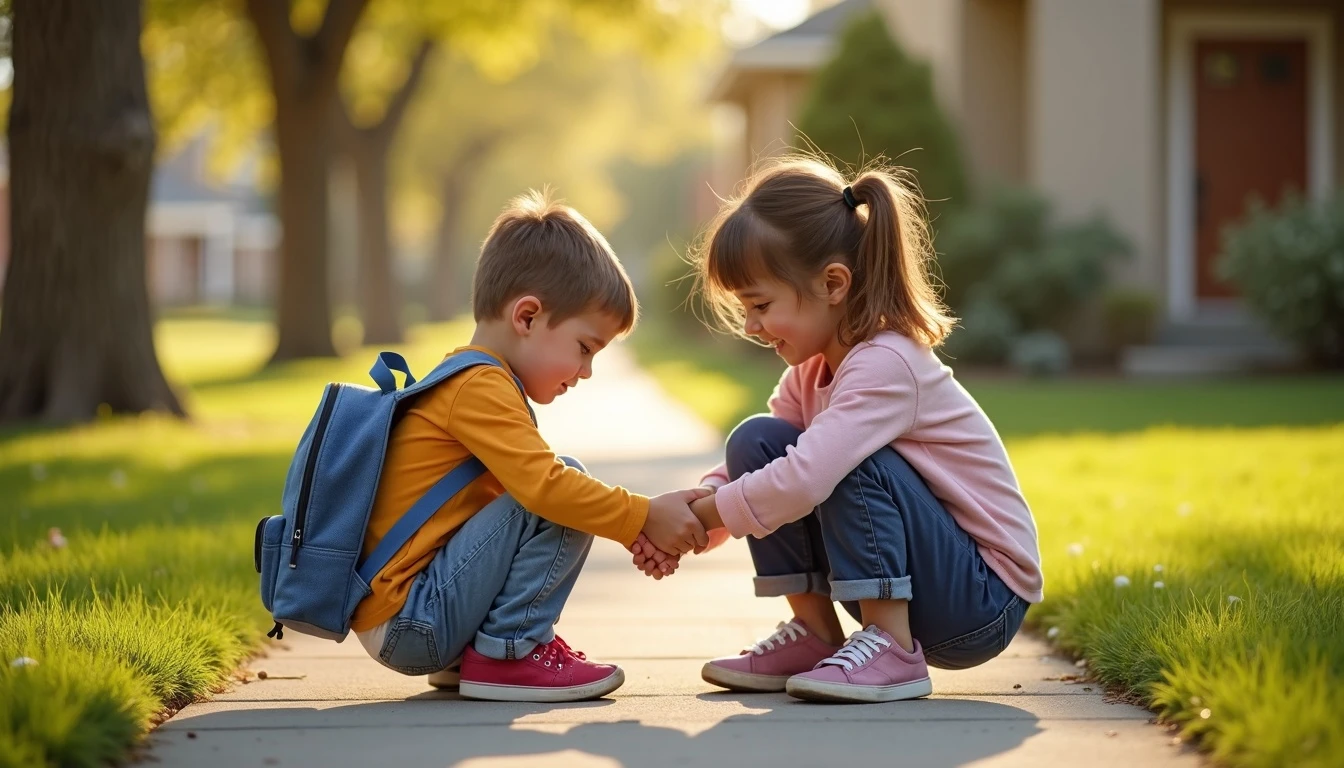 A caring young girl kneeling on a neighborhood sidewalk holding hands and comforting a little boy with a backpack.