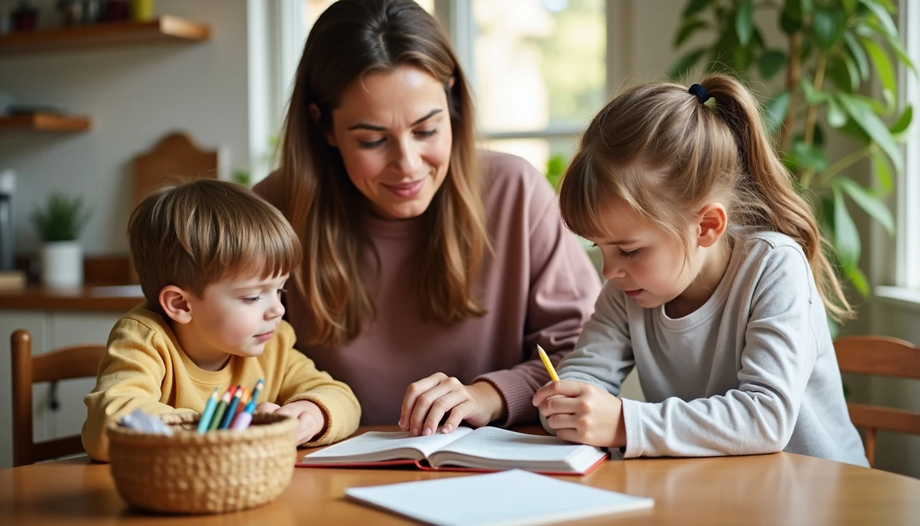 A Christian homeschool mother sitting at a sunny wooden table reading Scripture with her young son and daughter beside a morning basket of colored pencils.