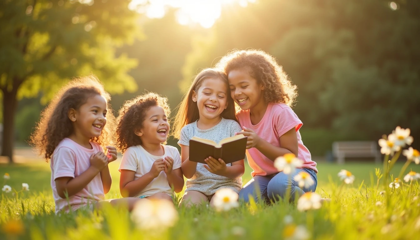 Four happy young girls laughing together in a sunny meadow of wildflowers while reading an open Bible in the golden afternoon light.
