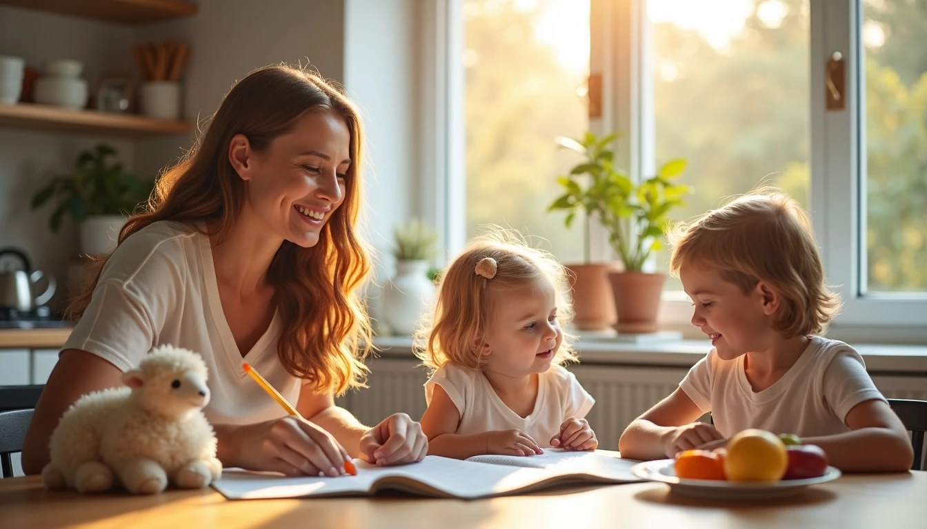 A mother drawing in a sketchbook at the breakfast table with her young children in gentle morning sunlight with fresh fruit and a plush lamb.