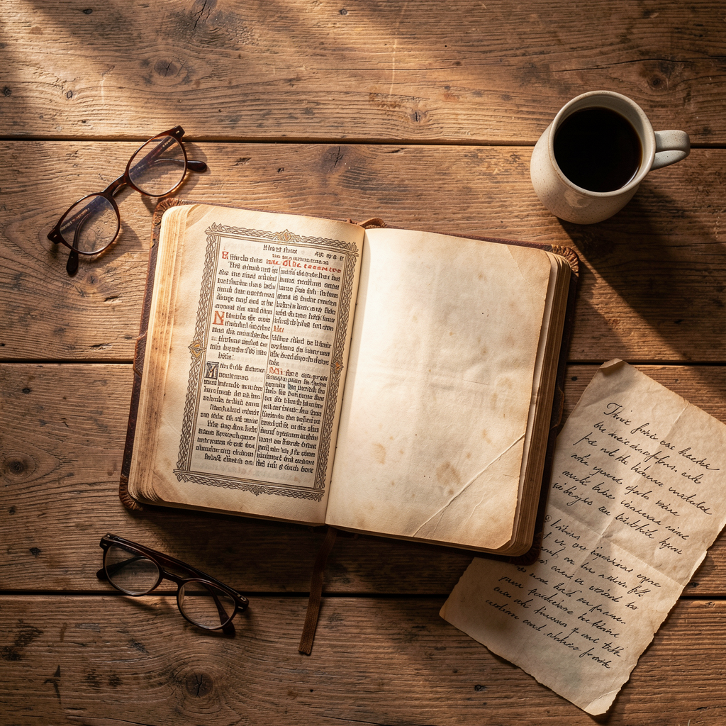 Open Bible on a wooden table with coffee and notes