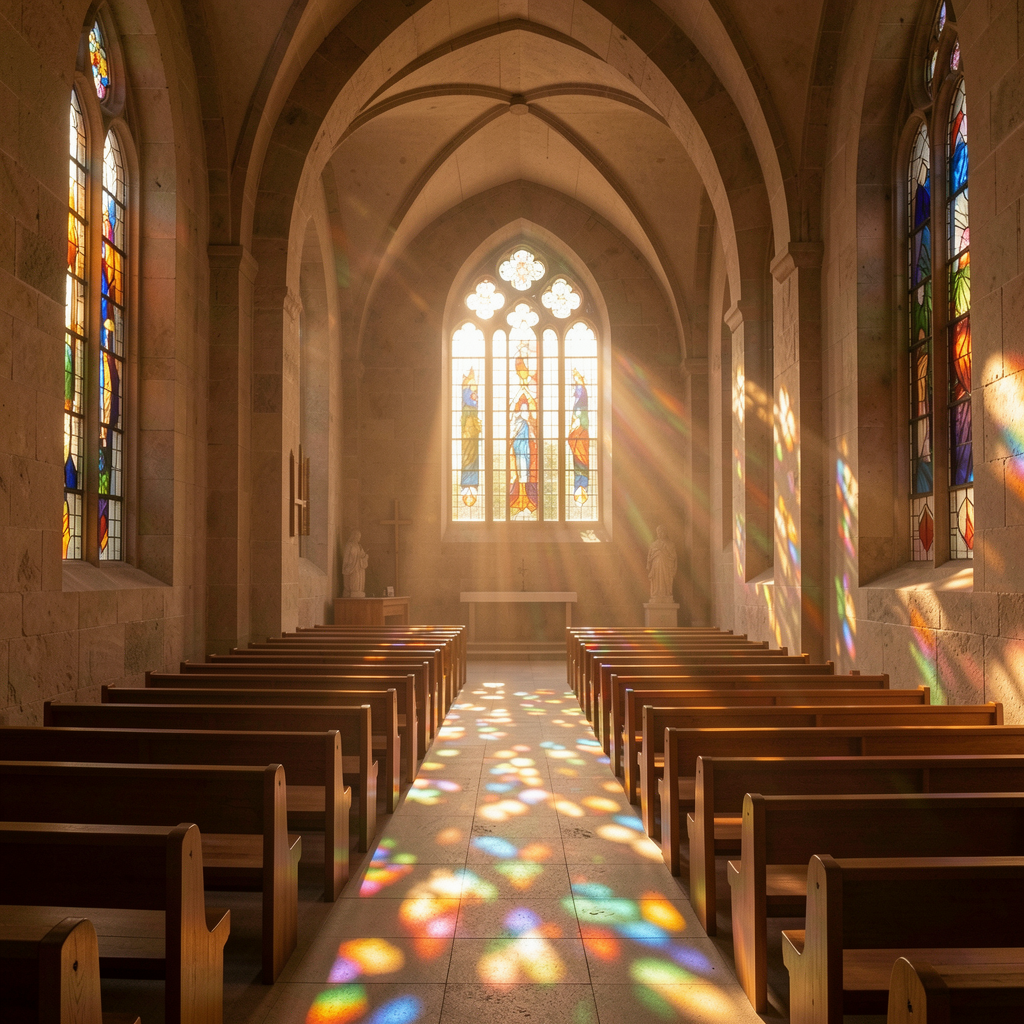 Sunlight shining through stained-glass windows in a church