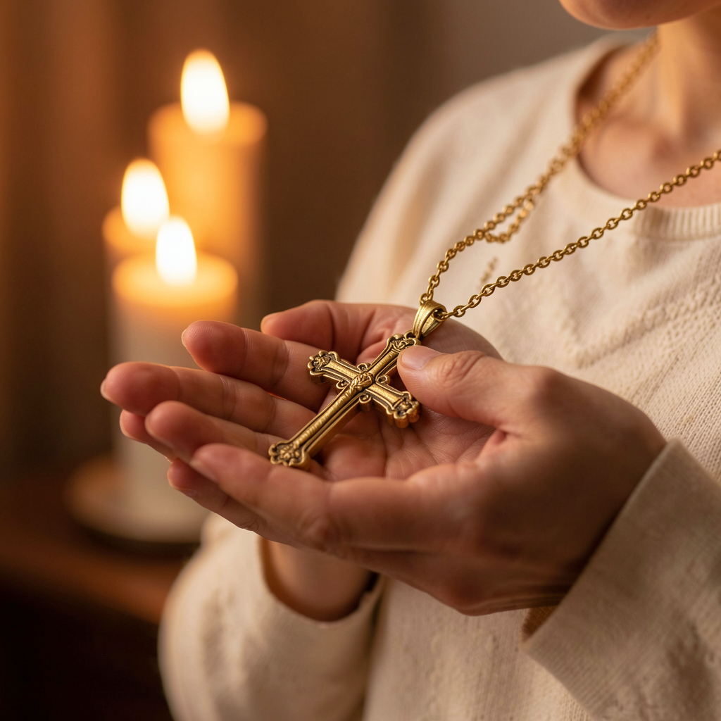 Person holding a cross pendant in meditation