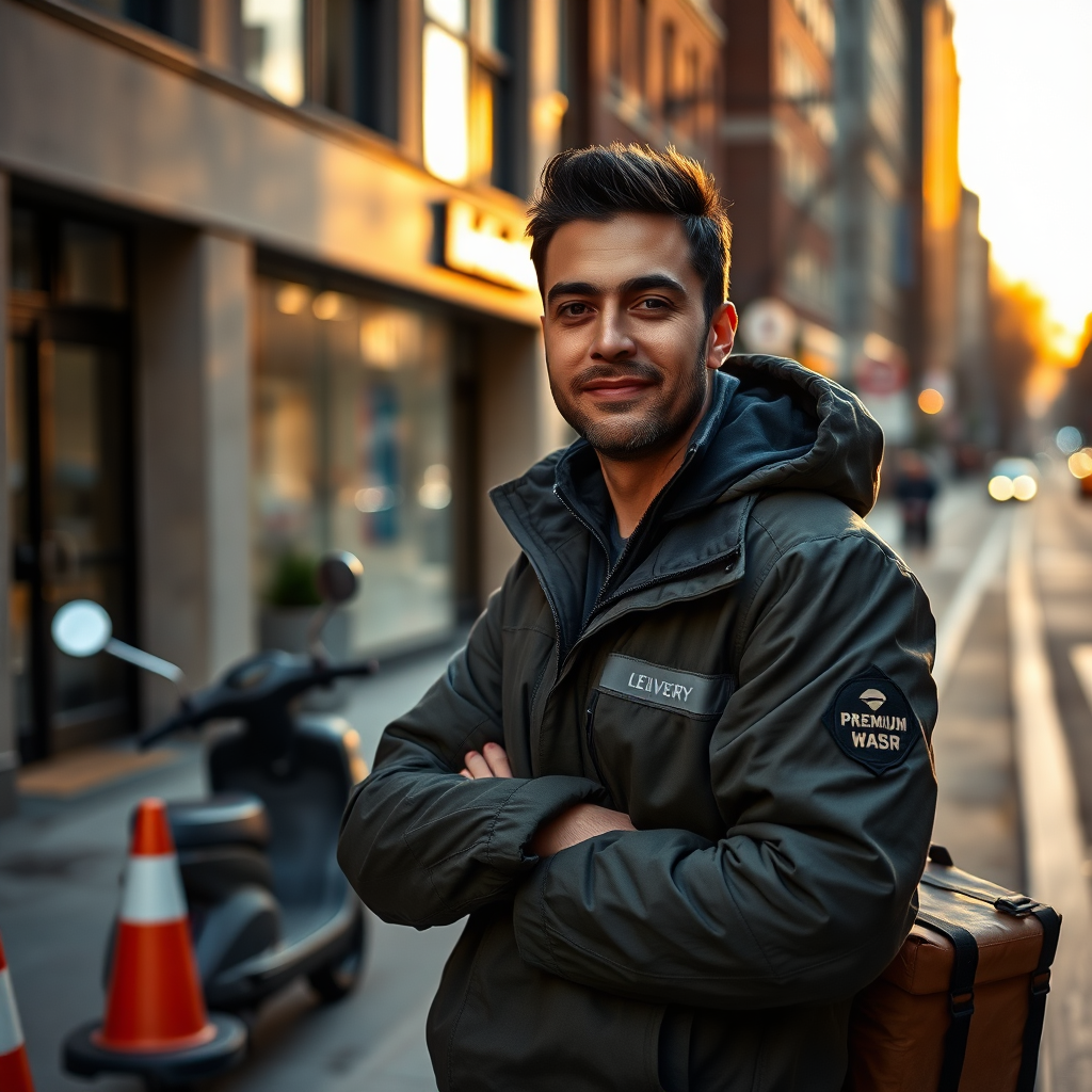 Delivery driver on a city street during golden hour