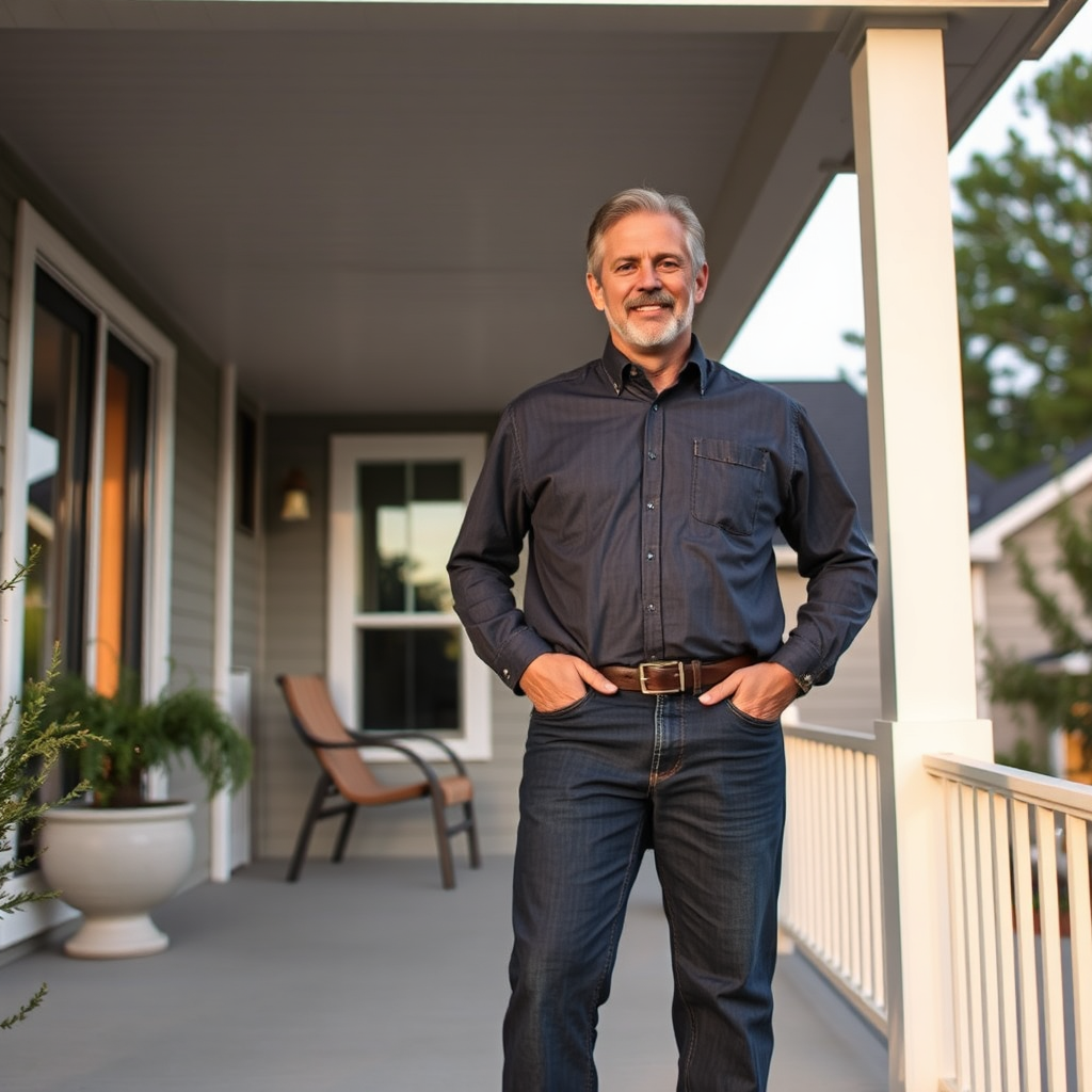 Confident Oklahoma homeowner on modern porch during calm late afternoon