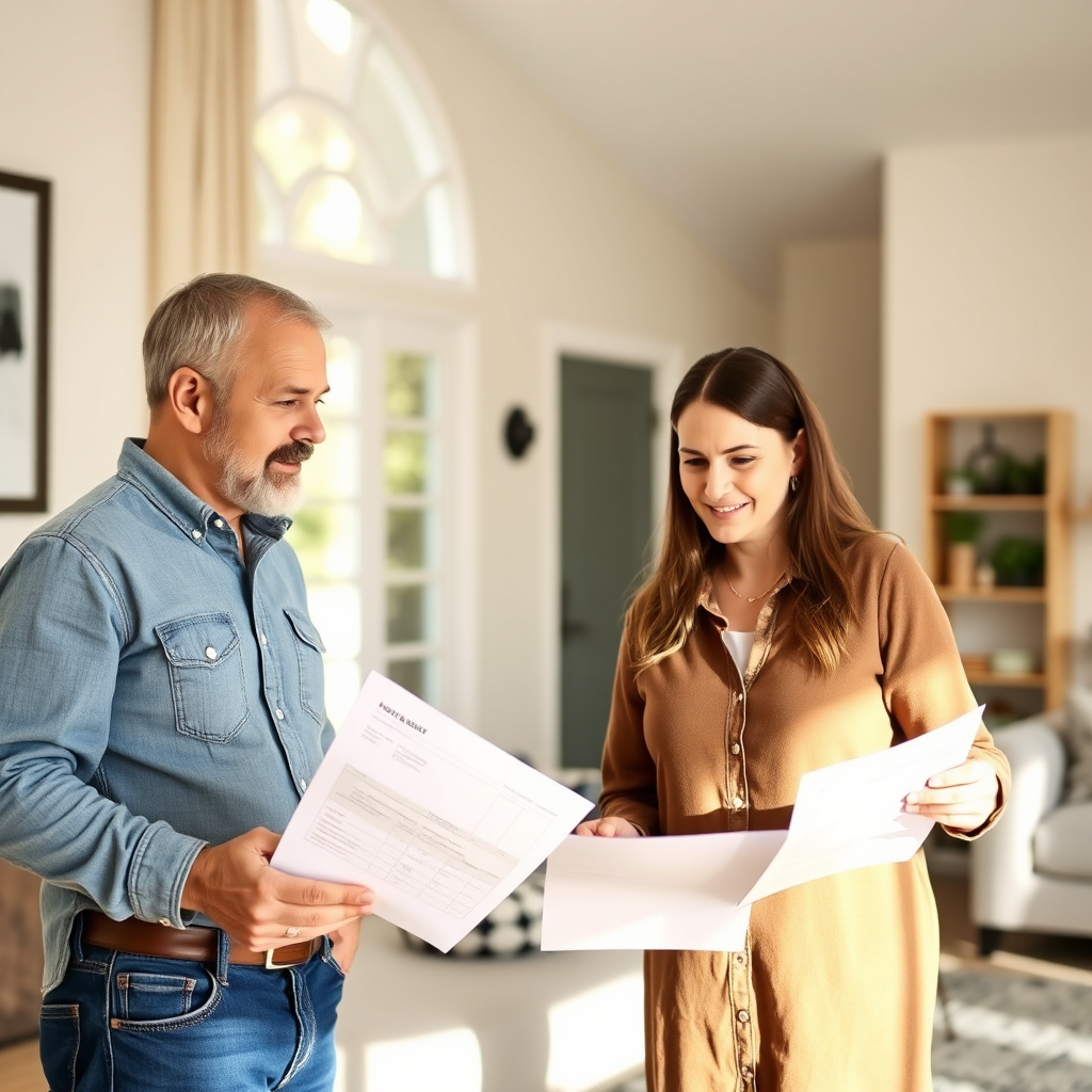 Oklahoma homeowner reviewing repair estimates in a bright living room