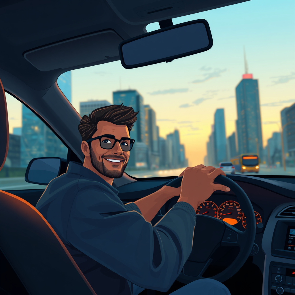 Rideshare driver portrait in a cityscape