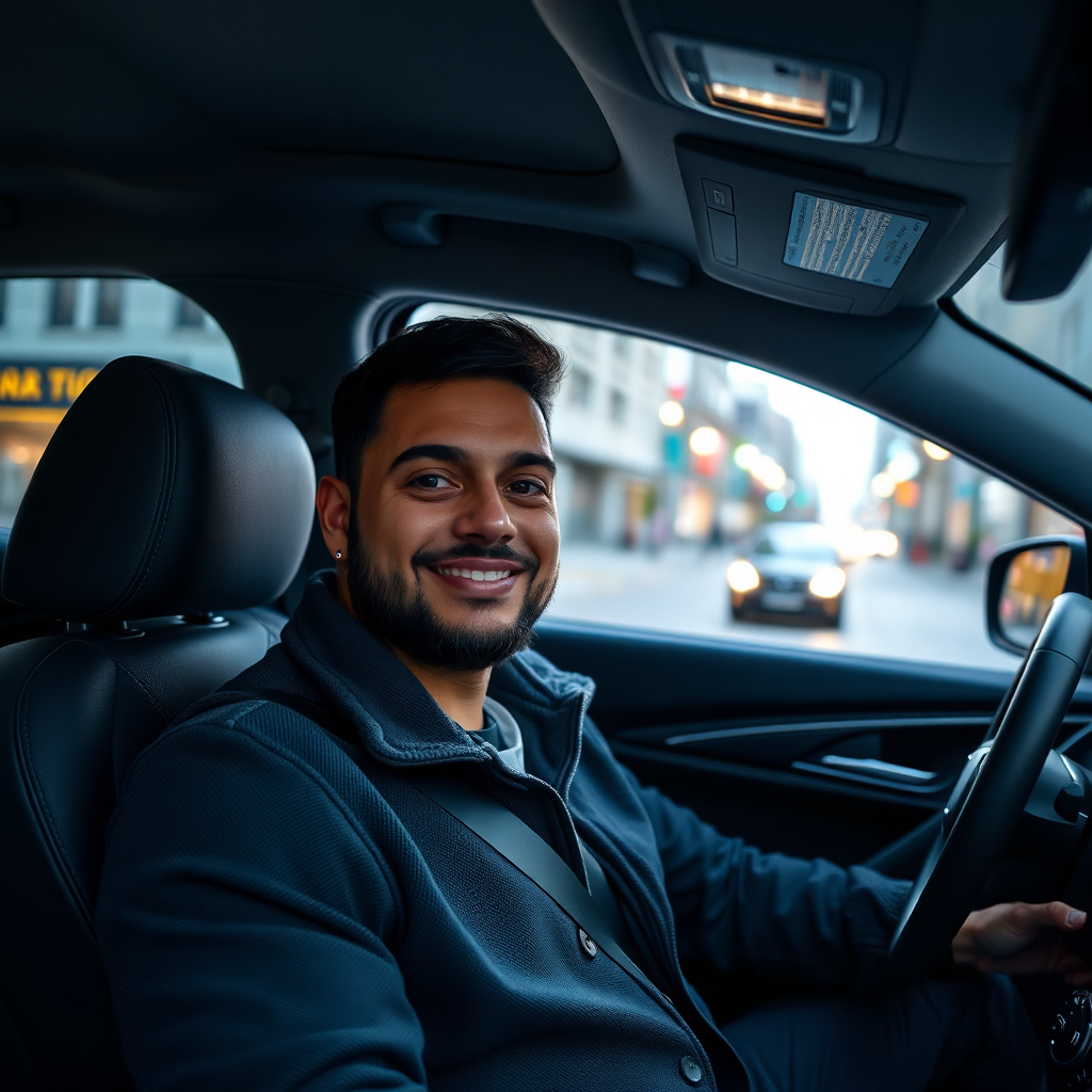 Rideshare driver in a modern car