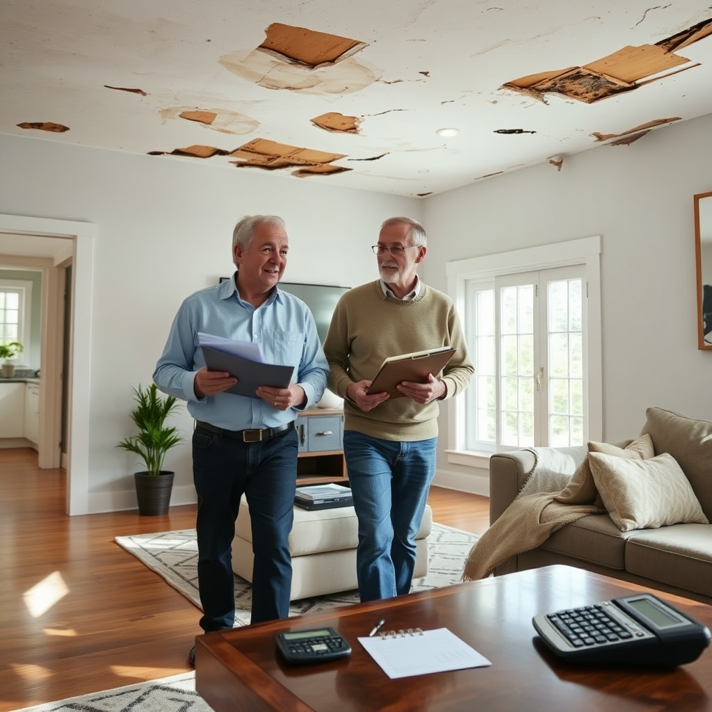 Insurance adjuster inspecting damage with homeowner