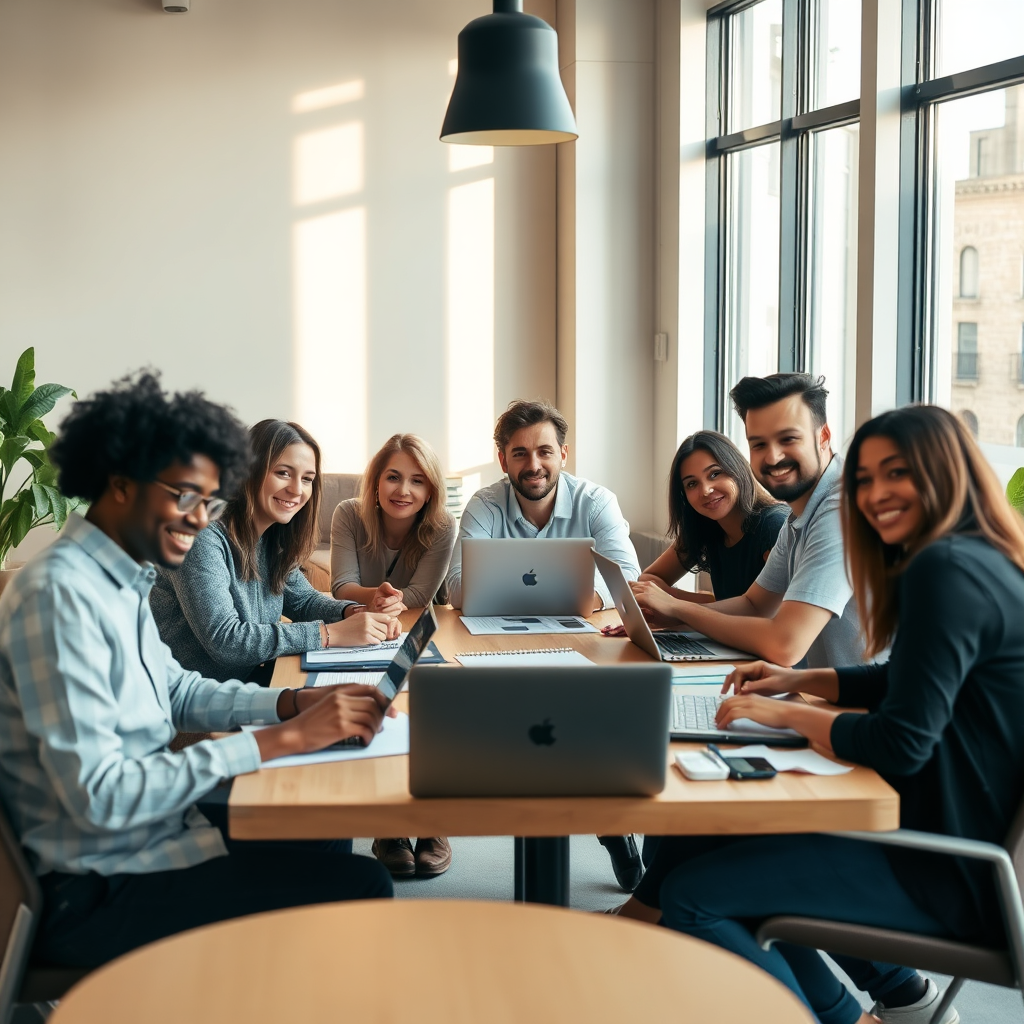 Diverse freelancers collaborating in a coworking space