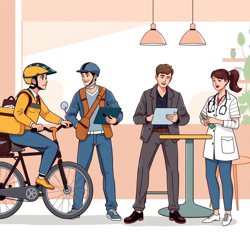 Editorial illustration of diverse gig workers collaborating and planning insurance coverage