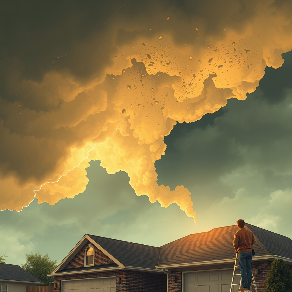 Storm-damaged roof under dramatic sky